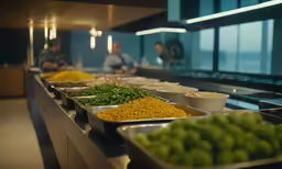people standing around an buffet line with trays full of food