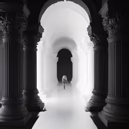 a long narrow passageway with columns and stone sculptures
