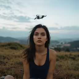 a woman wearing blue sits on the ground looking up at a flying dragon
