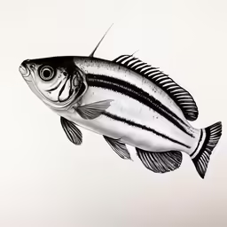 a black and white drawing of a fish
