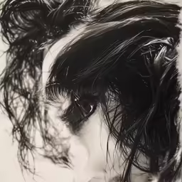 an eye with dark hair blowing around