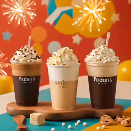 three cups with drinks and food on top of a wooden tray