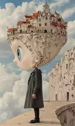 a person stands on a ledge with a very unique image on his head