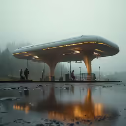 a couple of people walking next to a gas station