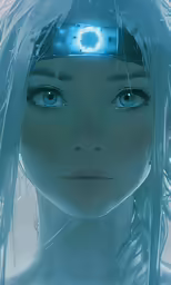 a young woman wearing futuristic clothing with eyes looking to the side