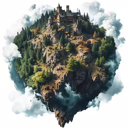 an island is in the sky with trees on it