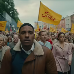 a man stands amongst the crowd at a protest