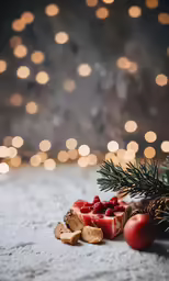 some fruit and cookies near a fir tree