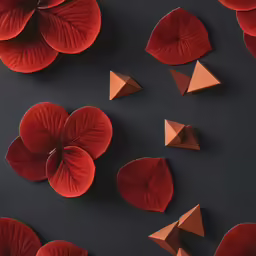 four paper flowers placed in an arrangement with geometrical shapes