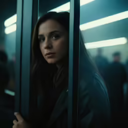 a woman sitting in a train looking out the window