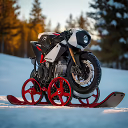 the front tire and tire of a motorcycle sit upright on a snowboard
