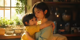 an asian woman hugs her small child