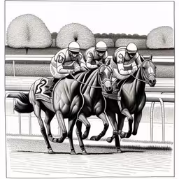a drawing of horses racing each other in a race,horses and jockeys racing on a race track