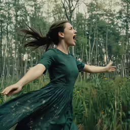 a woman standing in the grass looking surprised