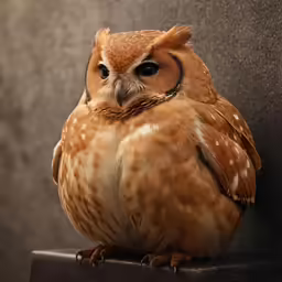 an orange owl perched on top of a wooden pole