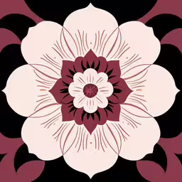 the flower has a black background and a red center,a white flower is on the black and pink wall,an abstract flower is shown in this image,a floral black, white and maroon design is arranged in square format,an image of a decorative wallpaper in red and black