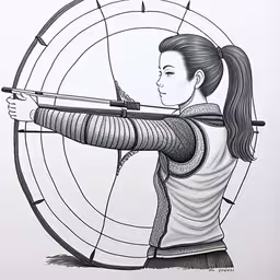 the woman in the shirt is aiming her arrow at something,a drawing of an asian woman shooting with a bow and arrow