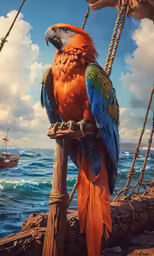 a colorful bird perched on the end of a wooden pole