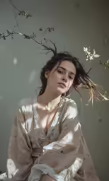 a young woman sitting on top of a wooden chair next to a tree