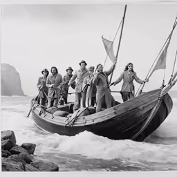 a group of people standing on the front of a small boat