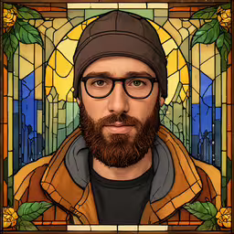 a man with glasses and a beard next to a stained glass window,the man has glasses and a cap and is staring straight ahead