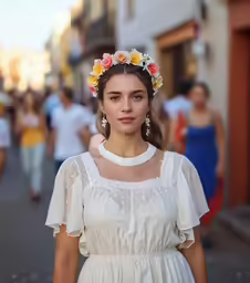 a woman wearing a flower wreath in the middle of a street