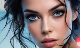 a closeup shot of a young woman with blue eyes