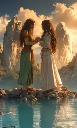 two young women are standing near an alpine lake