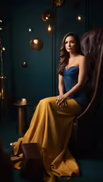 a beautiful young woman in a blue and yellow dress