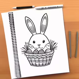 a notebook with a rabbit inside of it on a table,a notebook with a drawing of a bunny sitting inside a basket,a notebook with a bunny sitting inside of a basket,notebook with rabbit drawing and markers on a table,this is a coloring page featuring a bunny with eggs