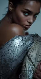 woman in silver clothing looking away from camera