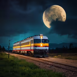 a full moon is in the sky behind a train,a train traveling down the tracks under a big moon