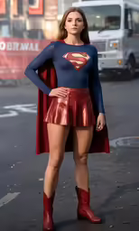 a woman standing in front of a truck with a cape