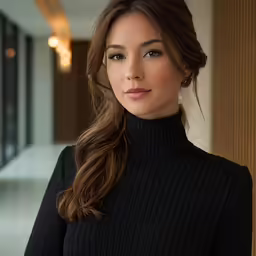 the girl is wearing a black turtle neck sweater