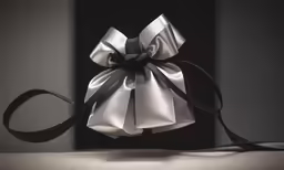 a bow on the back of a black and white object