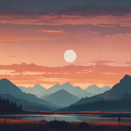 a sunset view with mountains and trees, a river is below,a colorful sunset that is over the mountains
