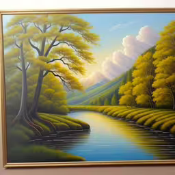 an oil painting of a beautiful river with trees,a painting of a river running through a green mountain