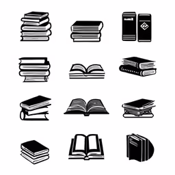 black and white book icons set with many different books