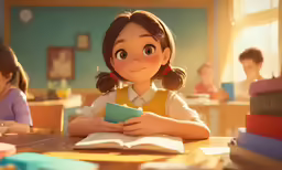 a little girl sitting at a table in front of a stack of books