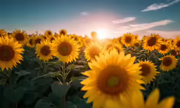 a field full of sunflowers under a bright sky