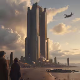 two people are looking at a plane flying over the sea
