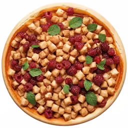 there is an image of a pizza topped with raspberries and chunks