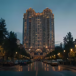 a very tall building lit up in the evening