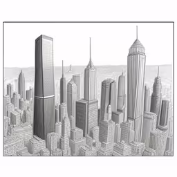 a pencil drawing of a skyscraper, with buildings around it,pencil drawing of new york cityscape