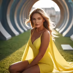 a woman in a yellow swimsuit sitting on the grass