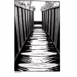 a black and white photo of a water way with wood fences