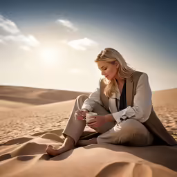 woman in white dress sitting on a sand dune