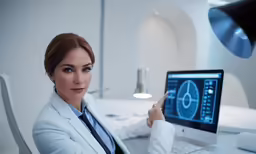a business woman pointing at the x - ray image on her computer