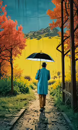man walking down a pathway carrying an umbrella,a person walks with an umbrella in the rain