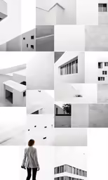 multiple black and white photos of building and a person